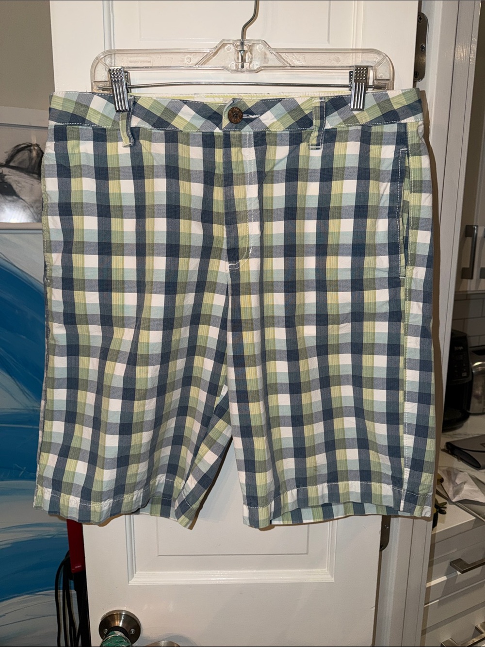 Tailor Vintage Plaid Flat Front Shorts - Blue, Green & Cream